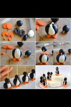 there are many different pictures of penguins on the same cake plate as carrots and marshmallows