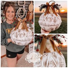 a collage of photos showing the inside of a christmas ornament, and an image of a woman holding it