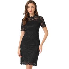 The gentle lace floral pattern makes this dress stand out, and show out your feminine and elegant temperature. This dress is an excellent choice for those looking for a flattering design that conceals any areas of concern around the tummy and arms. Its versatile style makes it suitable for various occasions, from bridesmaid duties to proms, weddings, cocktails, formal parties, and even casual wear. The vintage lace adds a touch of elegance, and it pairs well with high heels and exquisite necklac Stretch Lace Fabric, Bridesmaid Duties, Formal Parties, Sheath Dresses, Dress Stand, Floral Lace Dress, Black Sheath Dress, Cocktail Party Dress, Elegant Floral