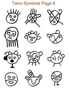 various types of cartoon faces drawn in black and white with the words, tato symbols page 6