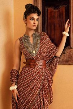 Shop for Nadima Saqib Brown Geometric Print Saree With Blouse for Women Online at Aza Fashions Tiered Saree, Work On Blouse, Brown Saree, Blouse Satin, Print Saree, Brown Blouse, Satin Saree, Satin Blouses, Saree With Blouse