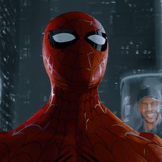 the spider - man is standing in front of a cityscape