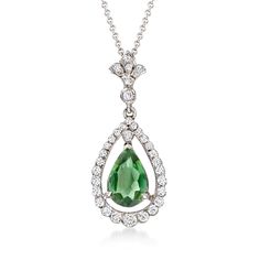 Ross-Simons - C. 2000 Vintage 1.00ct Green Tourmaline, .35ct t. w. Diamond Pendant Necklace in 18kt, Gold. 16". C. 2000. This delicately designed drop pendant necklace from our Estate collection features a lovely forest-green hue. A 1.00 carat pear-shaped green tourmaline is the centerpiece, while twinkling .35 ct. t. w. round brilliant-cut diamonds decorate the floral bale and halo - all set in 18kt white gold. Suspends from a 14kt white gold cable chain. Lobster clasp, diamond and green tourma Dazzling Formal Emerald Gemstone Necklace, Exquisite Pear-shaped Emerald Necklace For Formal Occasions, Formal Pear-shaped Emerald Necklace In Fine Jewelry Style, Formal Pear-shaped Emerald Necklace Fine Jewelry, Formal Pear-shaped Emerald Necklace, Pear-shaped Emerald Gemstone Necklace For Formal Events, Pear-shaped Emerald Gemstone Necklace For Formal Occasions, Formal White Gold Pear-shaped Emerald Necklace, Elegant Pear-shaped Gemstones For Formal Occasions