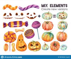 watercolor pumpkins, candy and candies with the words mix elements create new versions