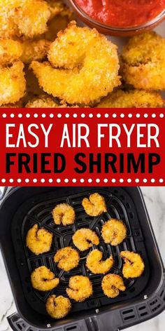 air fryer fried shrimp with marinara sauce in the background and text overlay that reads easy air fryer fried shrimp