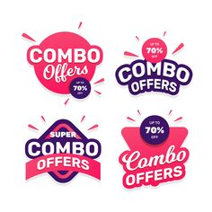 four colorful stickers with the words combo offers and 70 % off