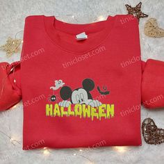 Halloween Mickey Embroidered Shirt, Halloween Disney Embroidered Sweatshirt, Adorable Halloween Embroidered Hoodie Red Crew Neck Halloween Hoodie, Red Crew Neck Hoodie For Halloween, Fall Mickey Mouse Crew Neck Sweatshirt, Mickey Mouse Long Sleeve Sweatshirt For Fall, Disney Long Sleeve Halloween Sweatshirt, Mickey Mouse Hooded Sweatshirt For Fall, Hooded Mickey Mouse Sweatshirt For Fall, Disney Sweatshirt For Fall Streetwear, Disney Hoodie With Long Sleeves For Fall