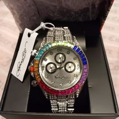 Ed Hardy Nwt Women's Watch. Rainbow Around Clock And Rhinestone Band. Absolutely Stunning ! One Of A Kind Silver Diamond Watch With Rhinestones And Crystal, Party Diamond Watch With Rhinestones, Silver Diamond Watch With Crystal For Parties, Silver Crystal Diamond Watch For Parties, Silver Diamond Watch With Cubic Zirconia For Parties, Silver Cubic Zirconia Diamond Watch For Party, Silver Crystal Watch With Rhinestones, Silver Diamond Watch With Bling For Party, Silver Diamond Bling Watch For Parties