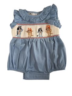 Beautiful hand smocked Bluey's family characters bubbles Blue solid linen fabric Ruffle neck Boys Smock, At Home Face Mask, Mask Girl, Hand Smock, Diy Sewing Clothes, Blue Solid, Summer Boy