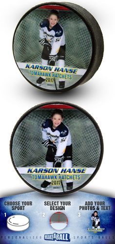 two hockey players are shown on the back and front of their oval mirrors, with text below them