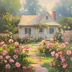 a painting of a white house surrounded by pink flowers and greenery with a path leading to the front door