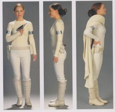 three pictures of the same woman in white outfits, one wearing a star wars costume