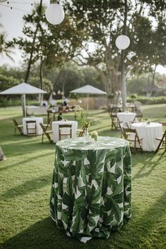 the table is covered with green leafy cloths and white lanterns are hanging from the trees