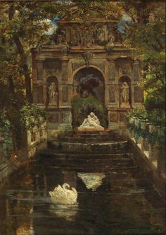 a painting of a swan swimming in a pond next to a building with statues on it