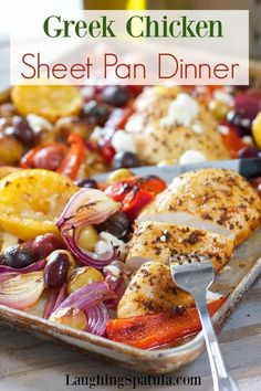 greek chicken sheet pan dinner with vegetables and feta cheese