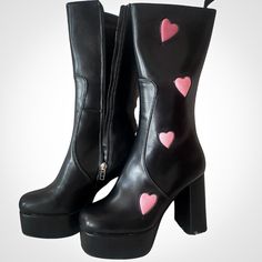 Never Worn Adorable Platform Boots From Dolls Kill! Vegan Leather, Chunky Heel, Mid Calf Rise, Pink Faux Suede Heart Details. Platform Boots Black, Leather Platform Boots, Dolls Kill Shoes, Black Platform Boots, Platform Boots, Chunky Heel, Heart Print, Boots Black, Dolls Kill