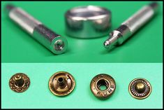 three different types of screws and buttons on a green background