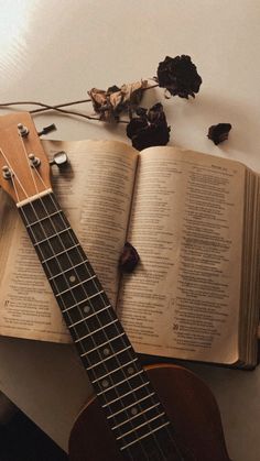 an open book with a guitar laying on top of it