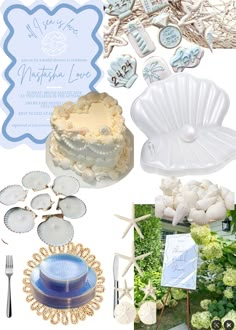 a collage of various items including cake, cookies and other things to make it look like an ocean themed wedding