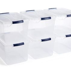 six plastic storage bins with lids on each side and blue trim around the lid