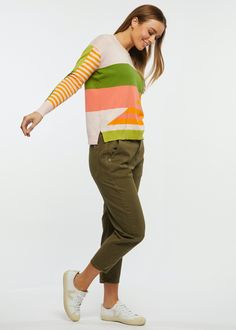 Crafted in a luxuriously soft silk and cotton blend, this lightweight pullover brings playful personality to your seasonal line-up. Details include a ribbed crew neckline, ribbed cuffs on the long sleeves and ribbing at the hemline. An eye catching combination of striped patterns is a joy to behold. 70% cotton, 10% silk, 20% nylon hand wash cold, dry flat or dry clean XS measures 36" bust, 22" length small measures 40" bust, 23" length medium measures 44" bust, 23" length large measures 46" bust Diagonal Stripes, An Eye, Stripe Sweater, Crew Neckline, Dry Clean, Cotton Blend, Hand Wash, Long Sleeves, Bring It On