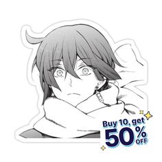 an anime sticker with the text buy 10 get 50 % off