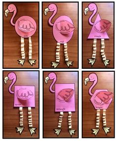 four pictures of flamingos made out of pink paper