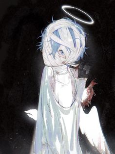 an anime character with blue hair and angel wings