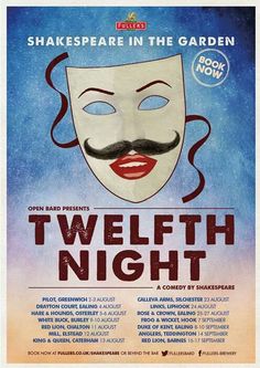 the poster for shakespeare in the garden's twelfth night, with an image of a mask