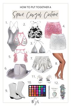 the contents of a costume for a woman in pink and white, including boots, bras