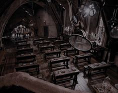 a room filled with lots of wooden tables and benches