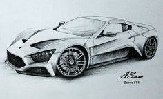 a drawing of a sports car with wheels and rims on the front, in pencil