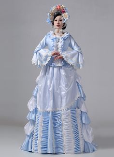 Women Blue Victorian Bustle Dress Ballgown Color:Blue   Material: This dress made of High Quality Satin, soft,smooth and comfortable to wear  Sleeve Length:  Long Sleeve  Dresses Length:Floor Length  Neckline:  Square Collar  Decoration: Ruffles + Lace  Package Includes:  Dress + Hat   The length of skirt about 45 inches (114 cm) long from waist to hem regardless of size. This dress is pictured with a 6-hoop skirt Petticoat underneath to achieve the look. Petticoat are NOT INCLUDED with our Luxury Blue Victorian Dress Costume, Blue Victorian Dress With Ruffles For Costume, Carnival Women, Victorian Bustle Dress, Blue Vintage Victorian Dress In Baroque Style, Blue Victorian Dress With Lace Trim, Blue Baroque Victorian Dress, Masquerade Party Dresses, Women Birthday Party