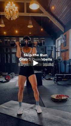 a woman is standing on a mat with dumbbells in front of her and the text skip the run grab 2 dumbbells all you can do today