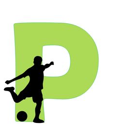 a person kicking a soccer ball in front of the letter p