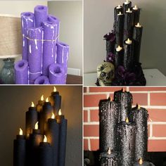 four different types of candles are shown in three pictures, one is purple and the other is black