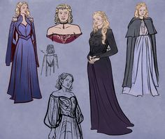 some drawings of women dressed in medieval dress and capes, with one woman wearing a gown