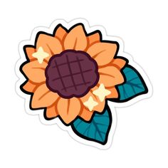 a sunflower sticker with leaves and petals on the bottom, in an orange color