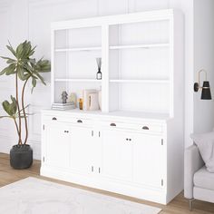 a living room with white furniture and a potted plant