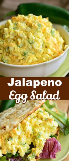 an egg salad is shown on a green plate with the words jalapeno chicken egg salad