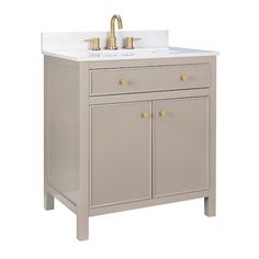 a bathroom vanity with two gold faucets on the top and bottom, against a white background