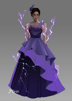 a drawing of a woman in a purple dress with lightning coming out of her back