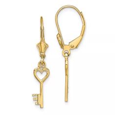 Heart And Key, Leverback Earrings, Drop Dangle Earrings, Heart Love, Gold Heart, Heart Of Gold, Solid Yellow, Gold Material, Precious Stones