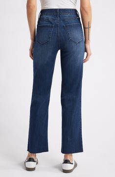 Elastic at the waistband makes for a supercomfy fit in these full-length straight-leg jeans cut from soft, supple stretch denim. 30" inseam; 15 1/2" leg opening; 10 1/2" front rise; 15 1/2" back rise Zip fly with button closure Five-pocket style 46% lyocell, 26% cotton, 15% rayon, 12% polyester, 1% spandex Machine wash, tumble dry Imported Straight Fit Denim Bottoms, Denim Blue Straight Fit Flare Jeans, Non-stretch Straight Leg Flare Jeans For Workwear, Casual Flare Jeans With Straight Silhouette, Dark Wash Straight Silhouette Denim Jeans, Straight Silhouette Denim Bottoms For Fall, Straight Fit Denim Jeans, Denim Bottoms With Straight Silhouette For Fall, Medium Wash Straight Flare Jeans With Relaxed Fit