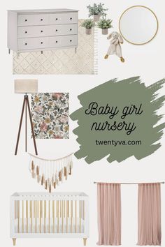 the baby girl nursery room is shown with pink and green accents, including a crib,