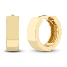 High polished square tubes are fashioned into circles in these timeless women's huggie earrings. Fashioned in 14K yellow gold, the earrings secure in place with hinged backs. Gold Hinged Huggie Earrings For Formal Occasions, Classic Hinged Yellow Gold Huggie Earrings, Modern Yellow Gold Hinged Huggie Earrings, Classic Hinged Huggie Earrings Gift, Classic Hinged Huggie Earrings, 14k Yellow Gold Rectangular Hoop Earrings, Rectangular 14k Yellow Gold Hoop Earrings, Rectangular 14k Gold Huggie Earrings As Gift, Hinged Huggie Earrings For Anniversary