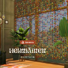 a living room filled with furniture next to a window covered in beads and greenery