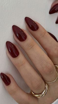 Dark Maroon Almond Nails, Brown Maroon Nails, Dark Red Almond Nails Short, Short Almond Burgundy Nails, Mehroon Nail Extensions, Wine Red Nails Almond, Dark Red Oval Nails, Maroon Almond Nails, Short Dark Red Nails