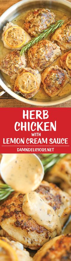 chicken with lemon cream sauce in a pan on top of a wooden table and the title here, chicken with lemon cream sauce