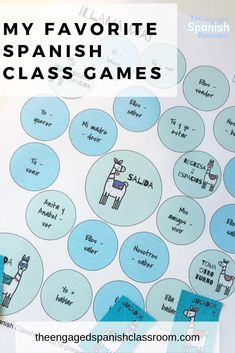 a spanish class game with the words my favorite spanish class games in blue and white